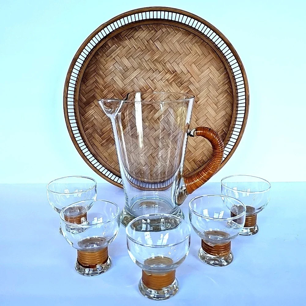 Vtg Carl Aubock Cane Wrapped Glass Pitcher 5 Glasses Tray Set MCM‎ Tiki Barware